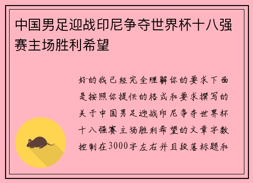 中国男足迎战印尼争夺世界杯十八强赛主场胜利希望 中国男足迎战印尼争夺世界杯十八强赛主场胜利希望