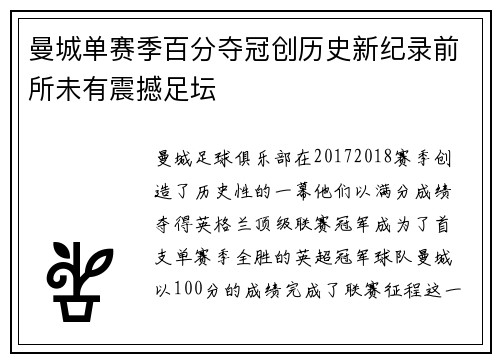 曼城单赛季百分夺冠创历史新纪录前所未有震撼足坛